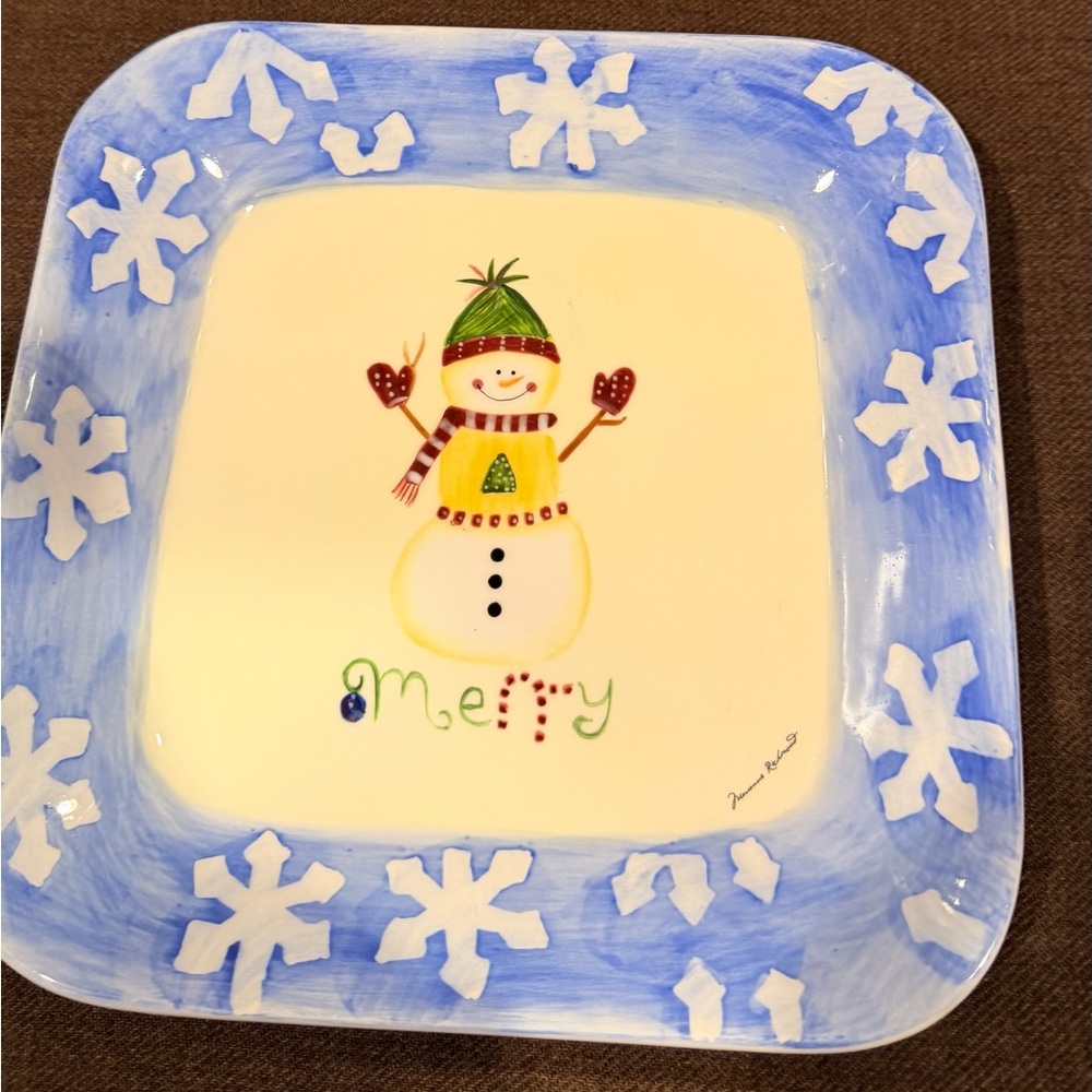 Festive Snowman Plate with Blue Snowflakes